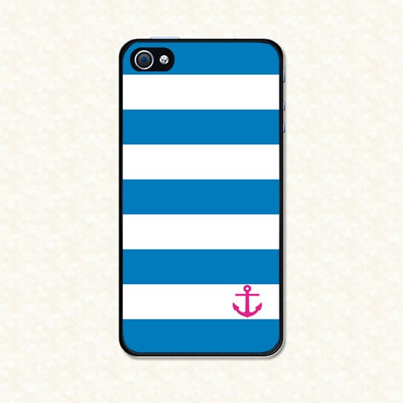 Iphone 5 Case - Blue stripes pink anchor Iphone 5 Cover
